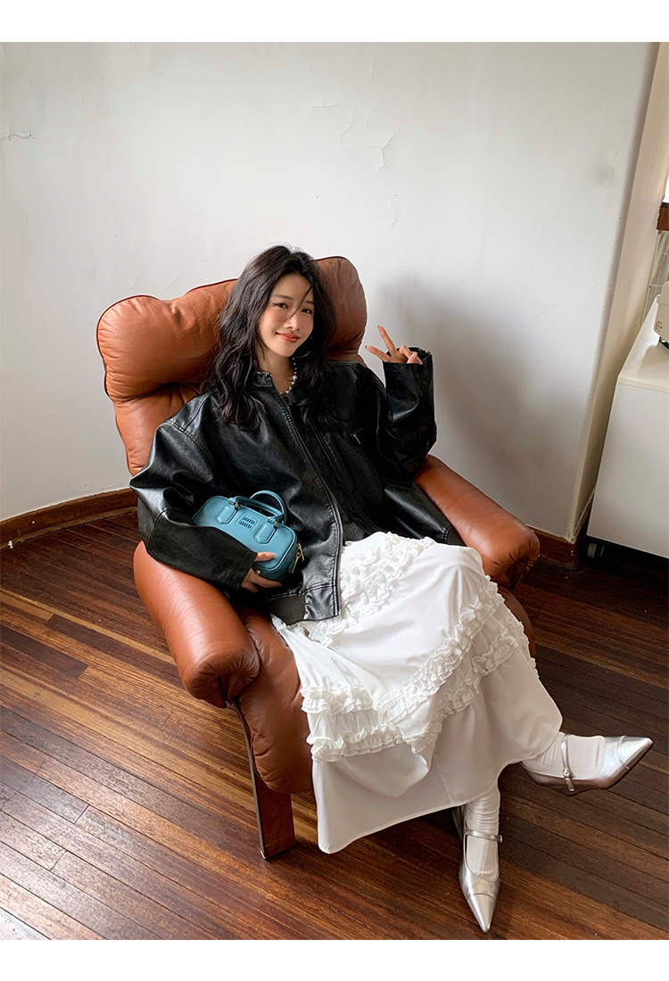 Кожаная куртка 左边女装立领机车皮衣外套2024春装新款复古做旧皮夹克 男女同款 ILEFT