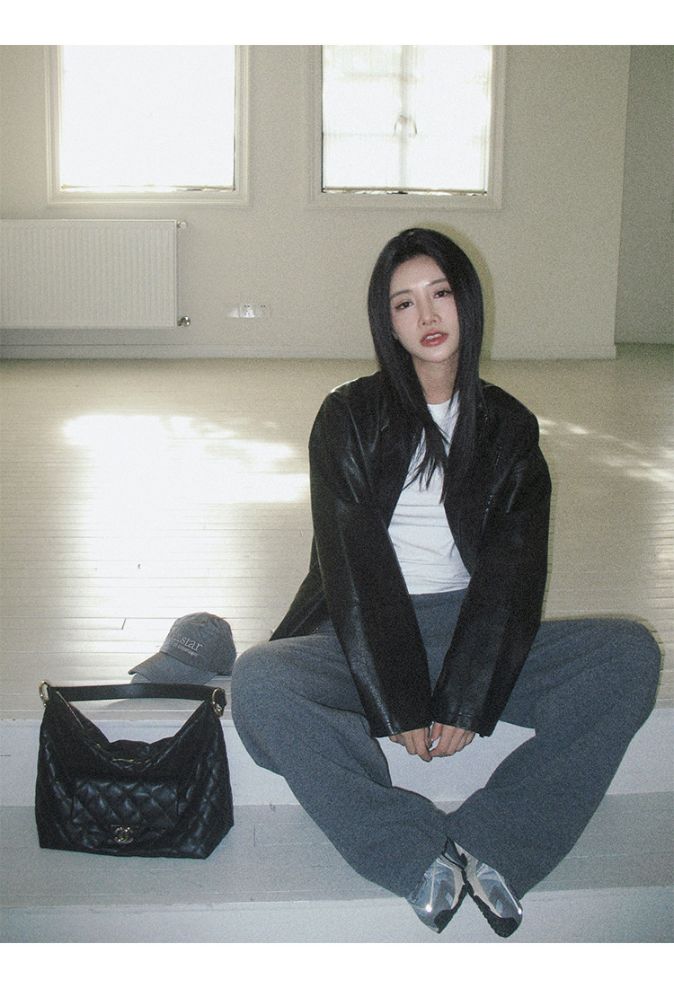 Кожаная куртка 左边女装立领机车皮衣外套2024春装新款复古做旧皮夹克 男女同款 ILEFT