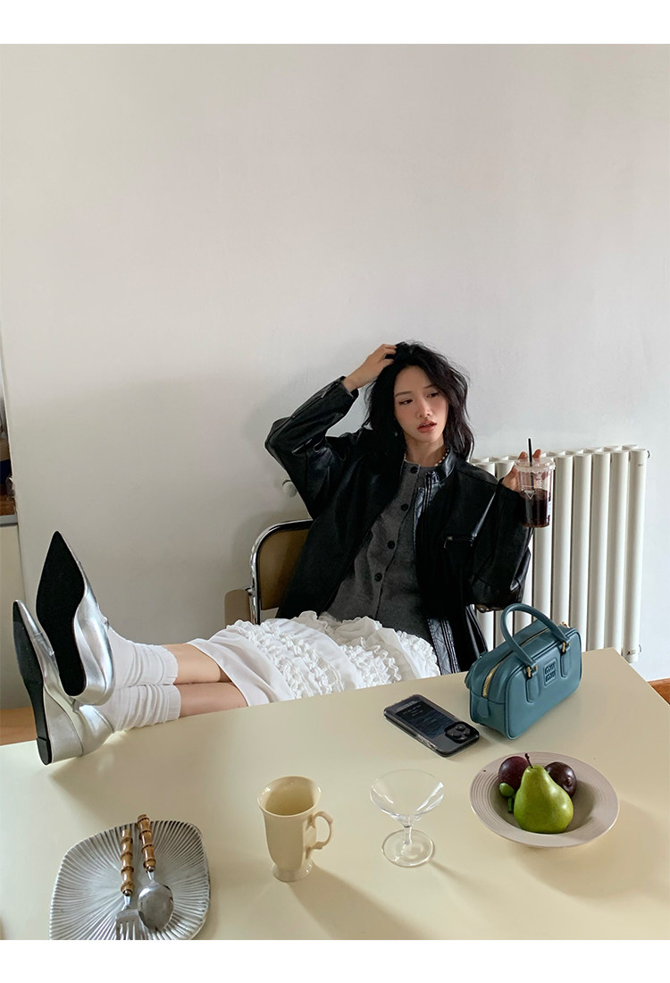 Кожаная куртка 左边女装立领机车皮衣外套2024春装新款复古做旧皮夹克 男女同款 ILEFT