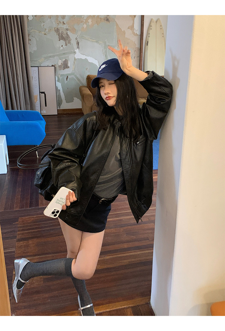 Кожаная куртка 左边女装立领机车皮衣外套2024春装新款复古做旧皮夹克 男女同款 ILEFT