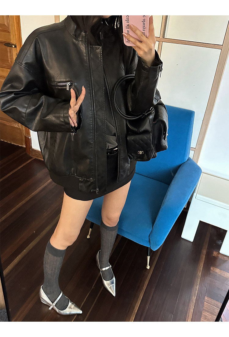 Кожаная куртка 左边女装立领机车皮衣外套2024春装新款复古做旧皮夹克 男女同款 ILEFT