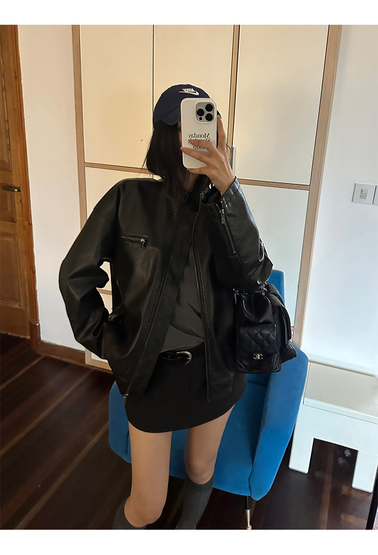 Кожаная куртка 左边女装立领机车皮衣外套2024春装新款复古做旧皮夹克 男女同款 ILEFT