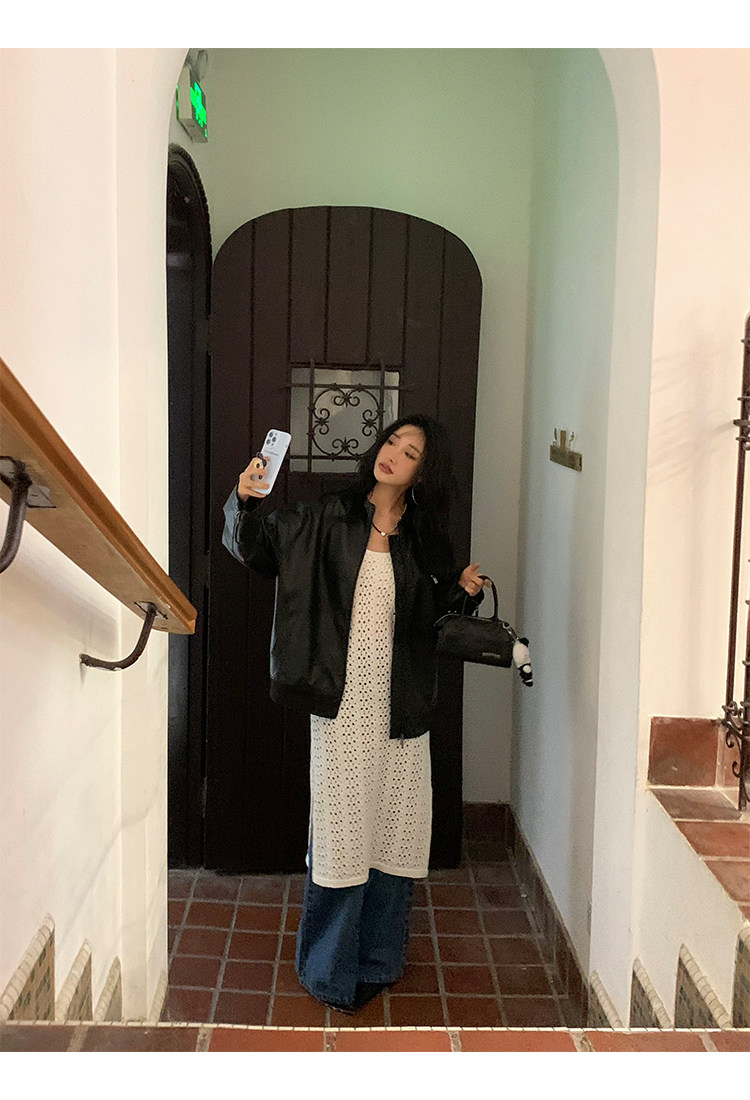 Кожаная куртка 左边女装立领机车皮衣外套2024春装新款复古做旧皮夹克 男女同款 ILEFT