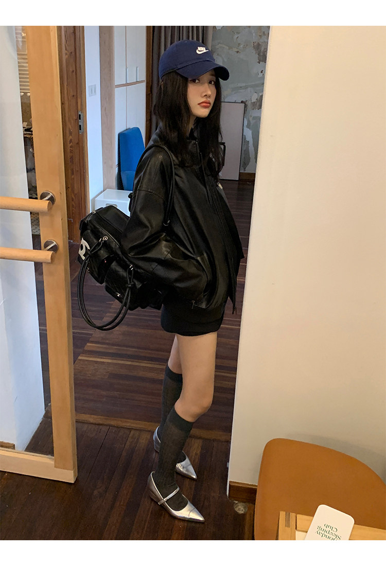 Кожаная куртка 左边女装立领机车皮衣外套2024春装新款复古做旧皮夹克 男女同款 ILEFT