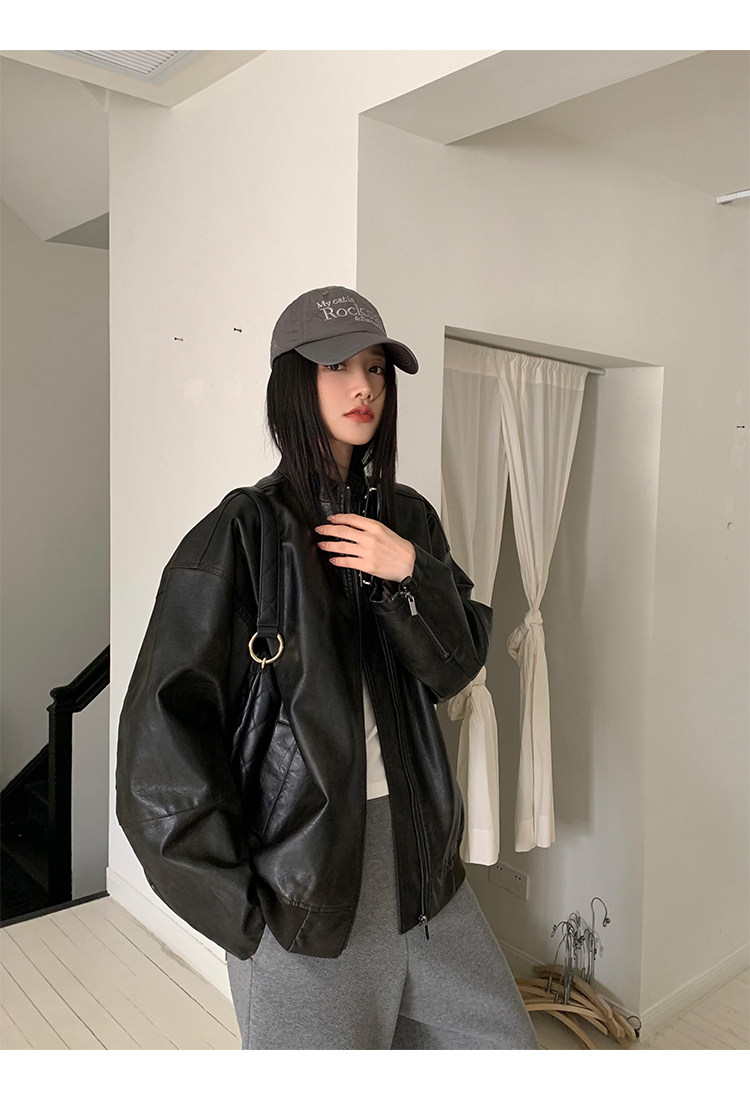 Кожаная куртка 左边女装立领机车皮衣外套2024春装新款复古做旧皮夹克 男女同款 ILEFT