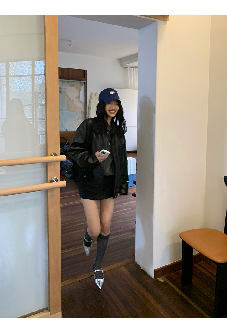 Кожаная куртка 左边女装立领机车皮衣外套2024春装新款复古做旧皮夹克 男女同款 ILEFT