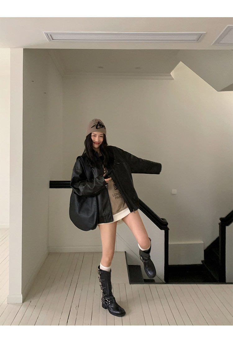 Кожаная куртка 左边女装立领机车皮衣外套2024春装新款复古做旧皮夹克 男女同款 ILEFT