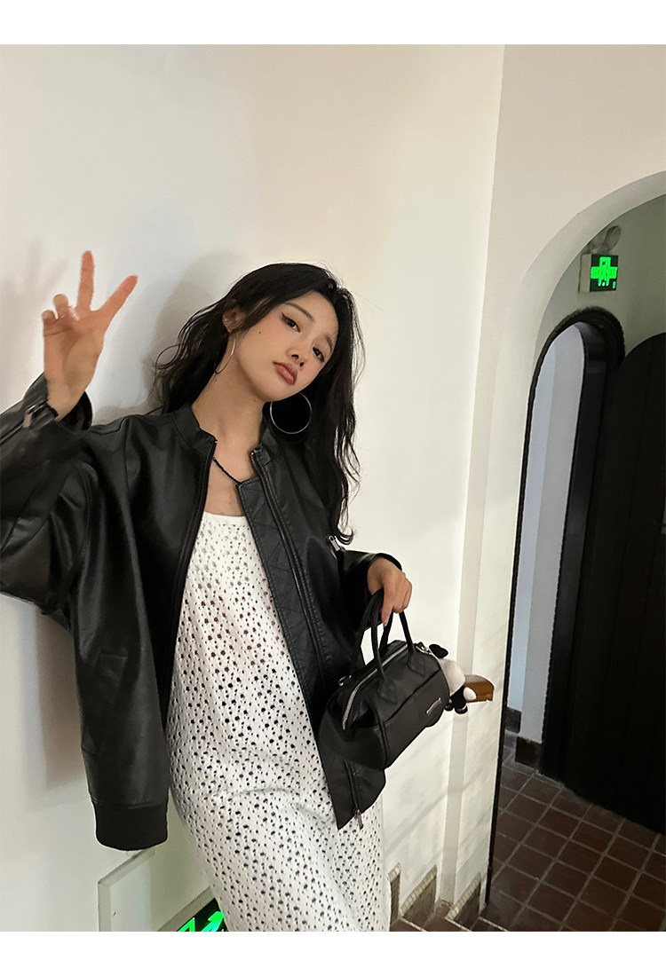 Кожаная куртка 左边女装立领机车皮衣外套2024春装新款复古做旧皮夹克 男女同款 ILEFT