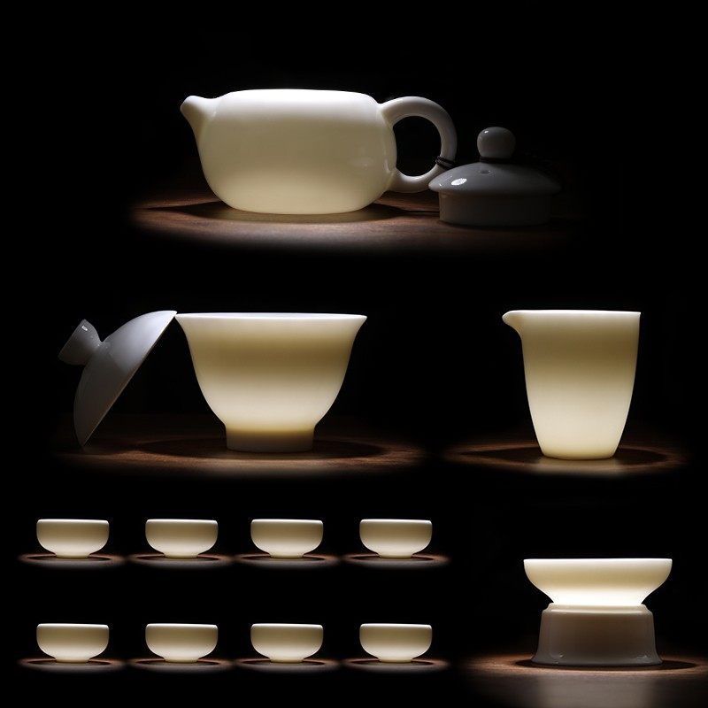 Sheep Jade office home Dehui white porcelain kung fu tea set tea cup teapot tea leak public Cup three-up bowl set