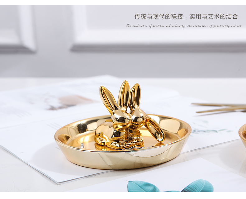 Nordic contracted golden rabbit disc creative receive plate decoration plate ceramic jewelry dresser plate antlers gold furnishing articles