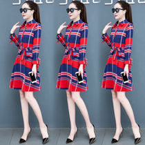 Long sleeve one-piece dress woman 2022 new spring dress temperament to be thin and large for waist beating bottom plaid with a long A-word dress