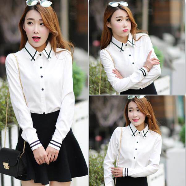2022 Korean version of the new work suit jacket Women's summer dress Long sleeves White shirt Female turnover Casual Loose Inner Hitch Shirt