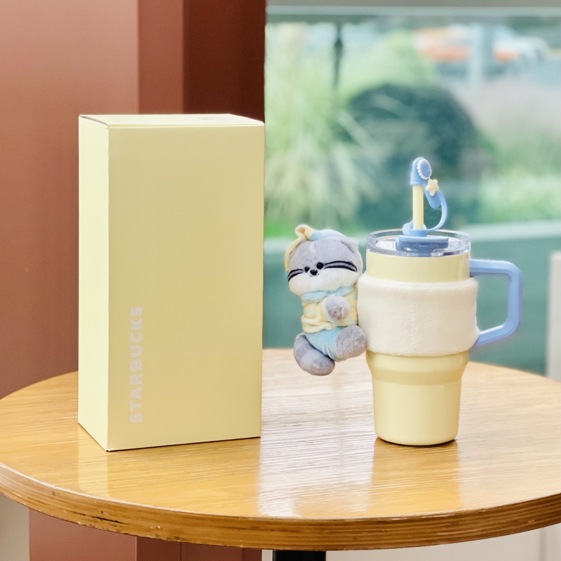 Starbucks Starry Night Sweet Dreams Party Double Drink Port Car Ice Cooler Stainless Steel Straw Cup with Magnetic Rabbit Cup Sleeve