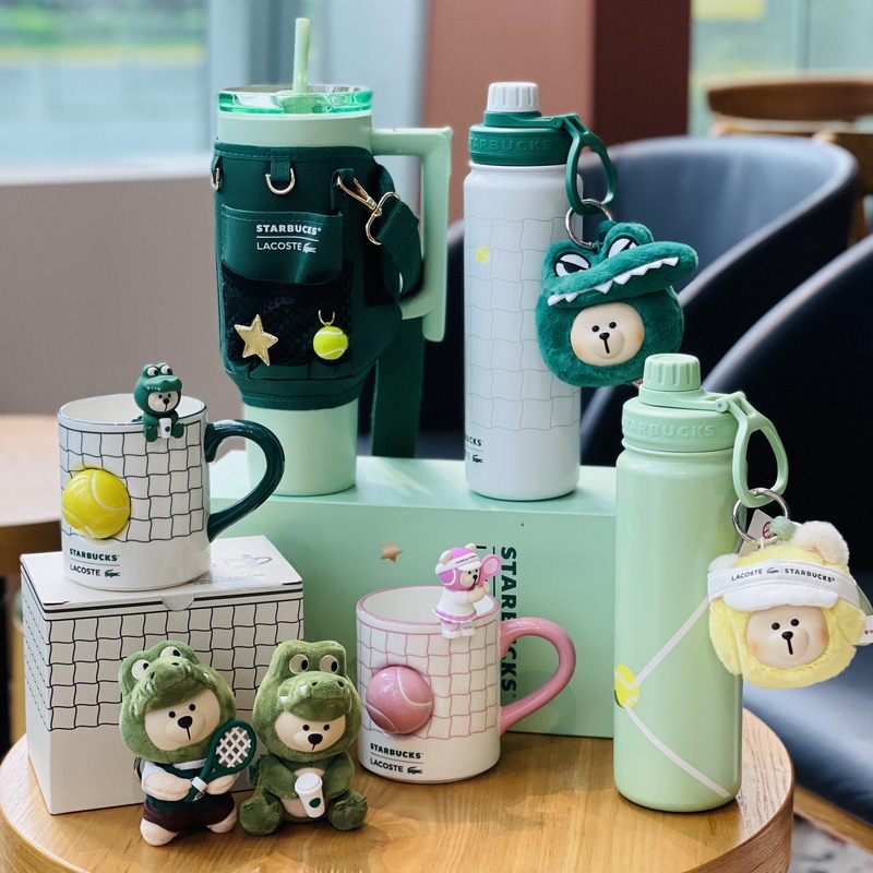 Starbucks 26Lacoste Collaboration Coffee-Themed Sports Stainless Steel Straw Ceramic Mug Crocodile Figurine Pendant