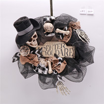 Halloween arranged flower ring decoration emulated pumpkin colored rosy grass and silkscreen woven skull head flower ring adornment