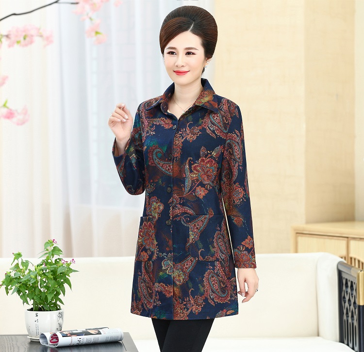 Phụ nữ trung niên mùa xuân và mùa thu áo sơ mi dài tay mới rộng kích thước lớn váy mẹ áo gió dày áo nữ áo khoác trung niên nữ