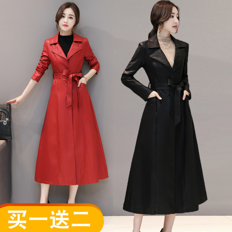 Spring and autumn new Haining leather leather clothes women in the long slim skin coat over the knee thickened leather windbreaker coat