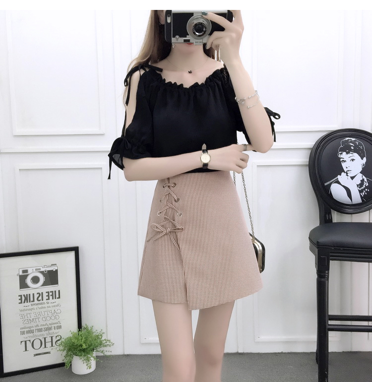 VK旗艦店 韓國風露肩時尚雪紡高腰系帶綁帶套裝短袖裙裝