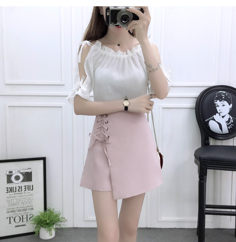 VK旗艦店 韓國風露肩時尚雪紡高腰系帶綁帶套裝短袖裙裝