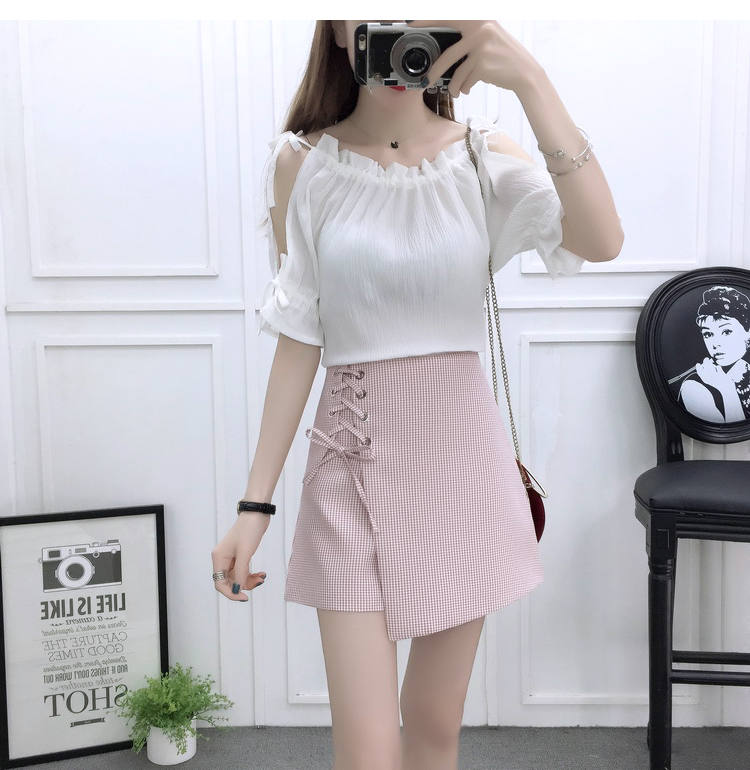 VK旗艦店 韓國風露肩時尚雪紡高腰系帶綁帶套裝短袖裙裝