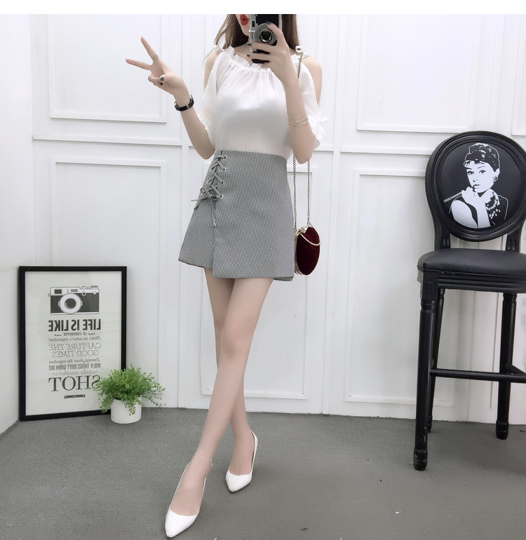 VK旗艦店 韓國風露肩時尚雪紡高腰系帶綁帶套裝短袖裙裝