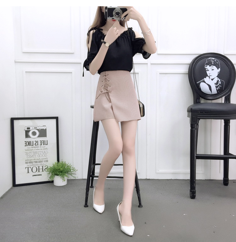 VK旗艦店 韓國風露肩時尚雪紡高腰系帶綁帶套裝短袖裙裝