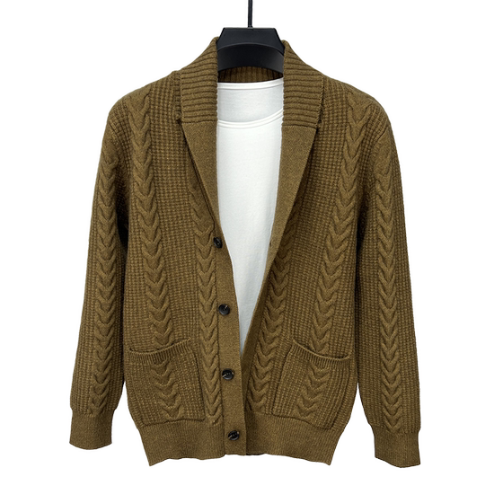 Cassachane men's knit sweater jacket autumn men's clothing trend pure color twist green fruit collar pocket casual youth thick model
