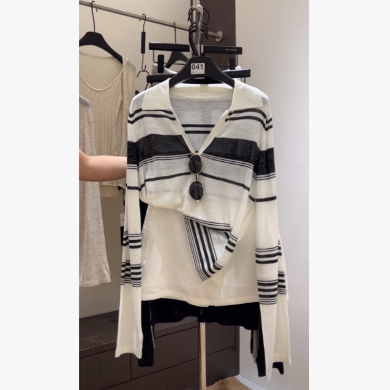 Korean-Style Relaxed Black and White Striped Polo Collar Knit Top + High-Waisted Skirt Set, Thin Sun-Protective Two-Piece Set