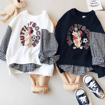 Childrens cotton lattice sleeve stitching sweater 2021 spring new small children foreign-style Joker fake two-piece pullover