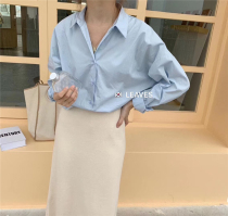 LEAVES Jiang Shuying with the same blue casual loose version of the shirt Korean version of the cotton slim Joker shirt top women