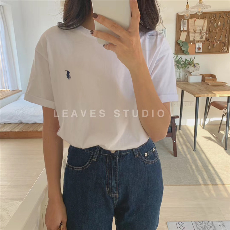 Leaves Round Collar Embroidery Short Sleeve T-shirt Woman 2020 New white Ins Chains Red Loose Summer Blouse Women