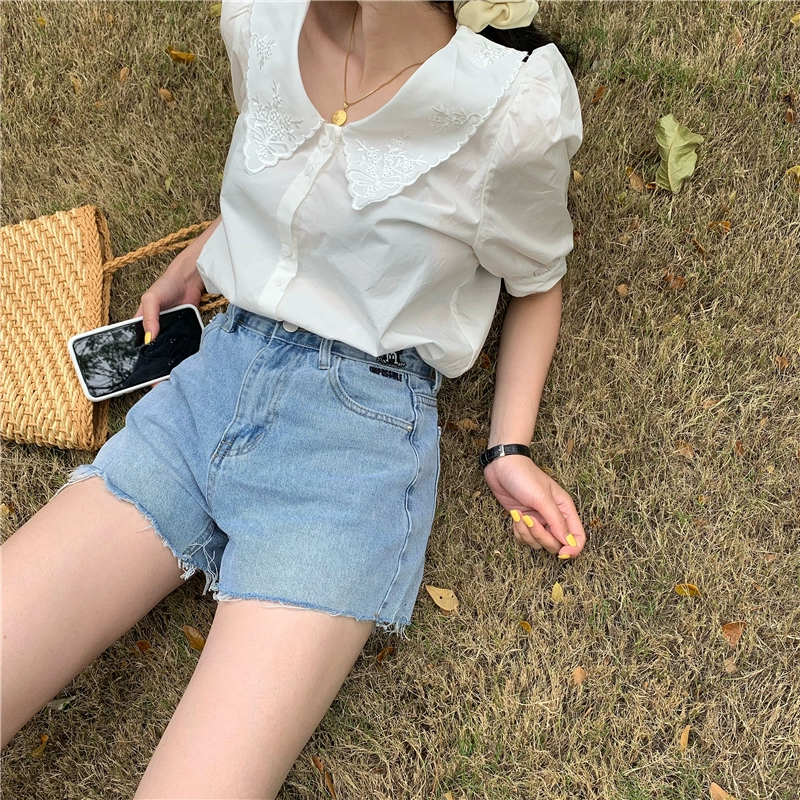 Một ngày quần short denim cạp cao nữ jeans 2020 thêu chuột mới là quần A-line mỏng và đa năng - Quần jean