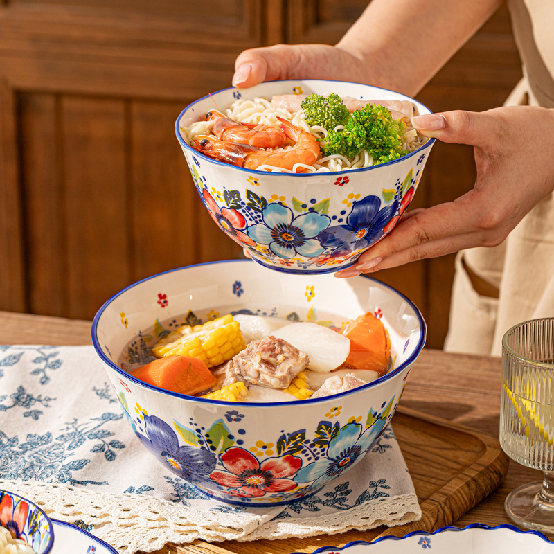 Bohemian Ceramic Noodle Bowl Soup Bowl for Home Use 2026 New Model High Aesthetic Value Ramen Bowl Instant Noodle Bowl Underglaze Color Tableware