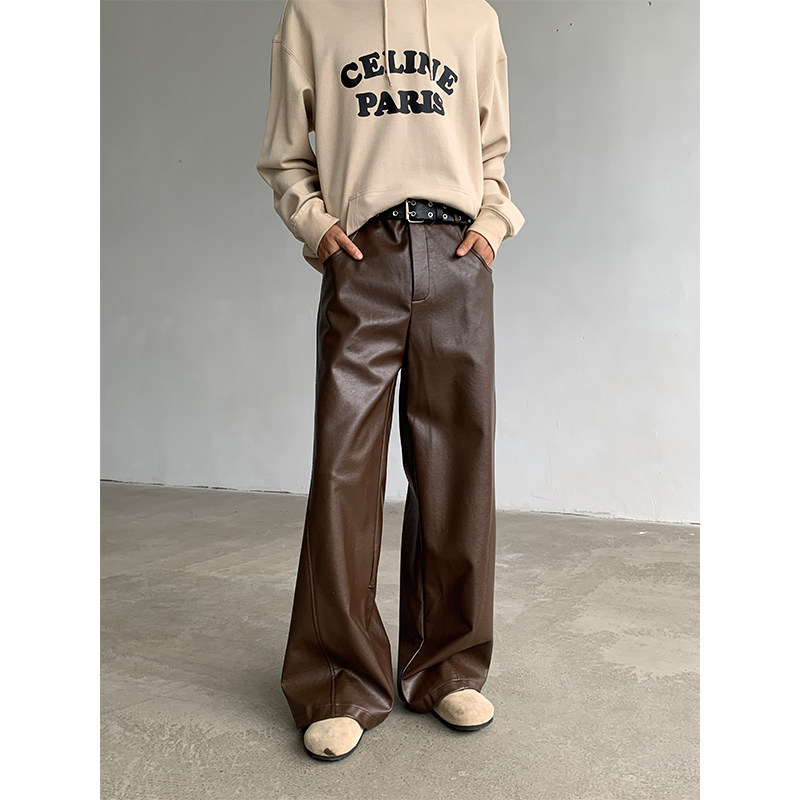 American Retro Pu Leather Pants for Men, Loose Fit, High-End Vibe, Straight Wide-Leg Casual Pants, Drapey Floor-Length Pants, Matte Finish American Retro Pu Leather Pants for Men, Loose Fit, High-End Vibe, Straight Wide-Leg Casual Pants, Drapey Floor-Length Pants, Matte Finish