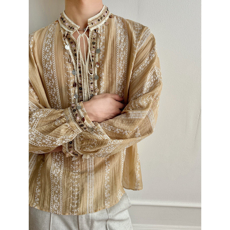 2026 Retro Ethnic Style Bohemian Long-Sleeved Shirt for Men, Beach Wear, Sun Protection Clothing, Printed Trendy Top 2026 Retro Ethnic Style Bohemian Long-Sleeved Shirt for Men, Beach Wear, Sun Protection Clothing, Printed Trendy Top