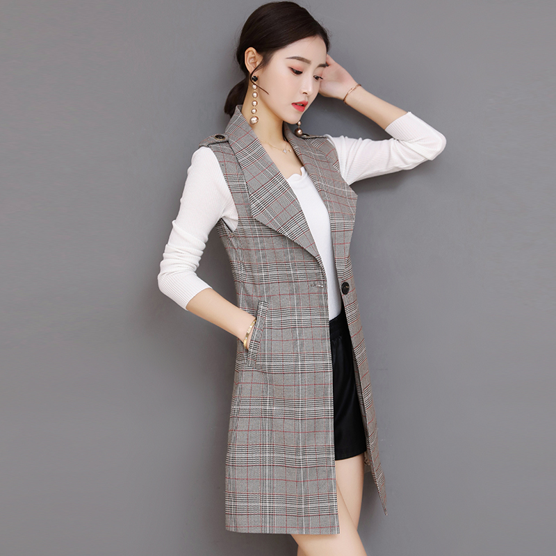 2023 New Korean Style Women's Plaid Mid-Length Vest, Spring and Autumn Slim Fit Plus Size Sleeveless Vest Jacket