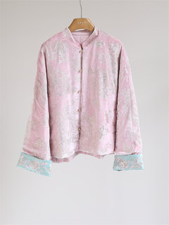 Hot stamping embroidered velvet new chinese style cotton coat for women chinese style stand collar pink warm small jacket top h51484