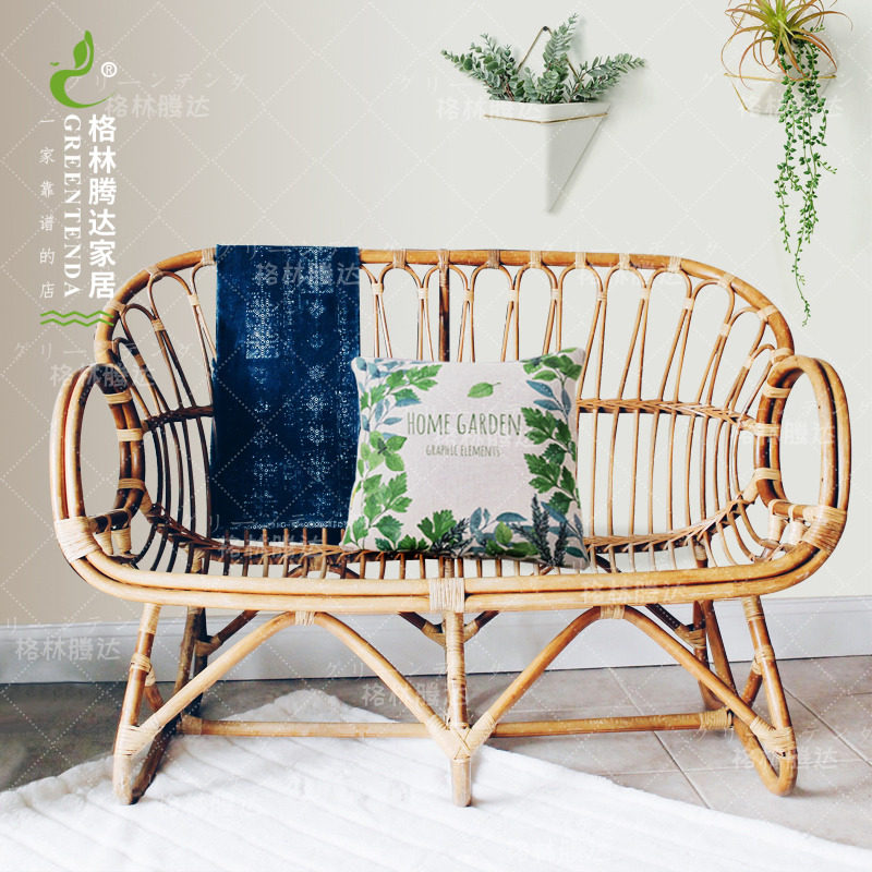 Green Tengda Nordic real rattan sofa double outdoor balcony ins personality rattan rattan chair bedroom small sofa chair