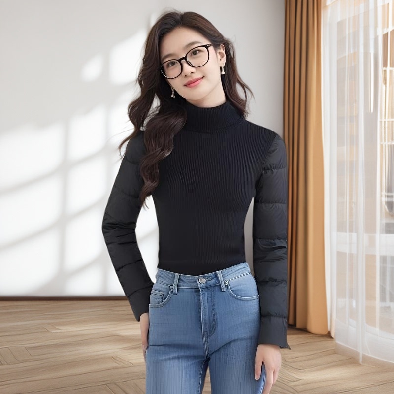 Down Sleeve Base Layer Women's Autumn and Winter Fleece Knit Top, Inner Layer Sweater with Vest, Thickened down Sleeve Sweater