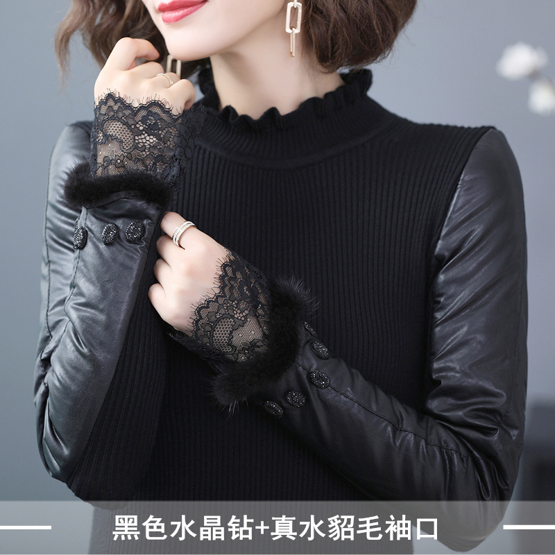 Thickened Leather-Sleeved Base Shirt for Women, down Cotton-Sleeved Sweater, Fleece-Lined and Cotton-Sleeved Knitwear, Autumn and Winter Inner Wear Paired with Fur