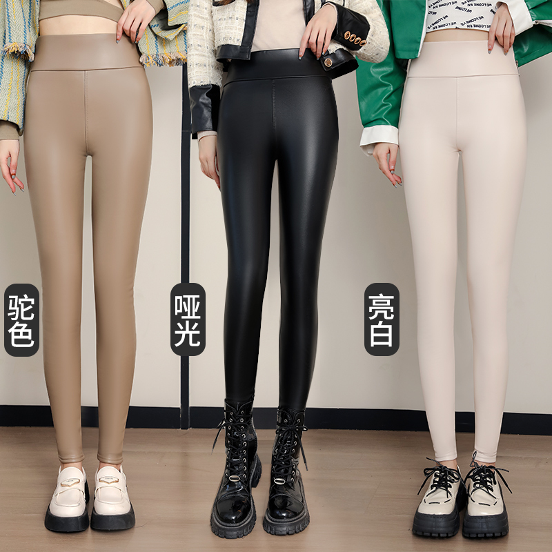 Women's Leather Pants with Fleece Lining for Outer Wear, 2025 Autumn and Winter New Style, Matte Brown Tight Leggings, Winter High-Waisted Pants