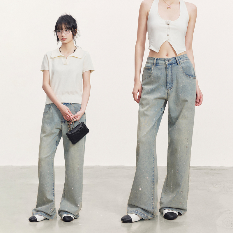 Cream Kitten Sea Mist Galaxy Rhinestone Spray Washed Denim Pants Women's Summer Loose Wide-Leg Straight Pants