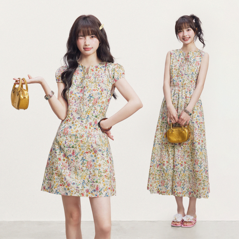 Cream Kitten Floral Print Short Sleeve Dress for Women, Summer Sweet Waist-Cinching A-Line Dress