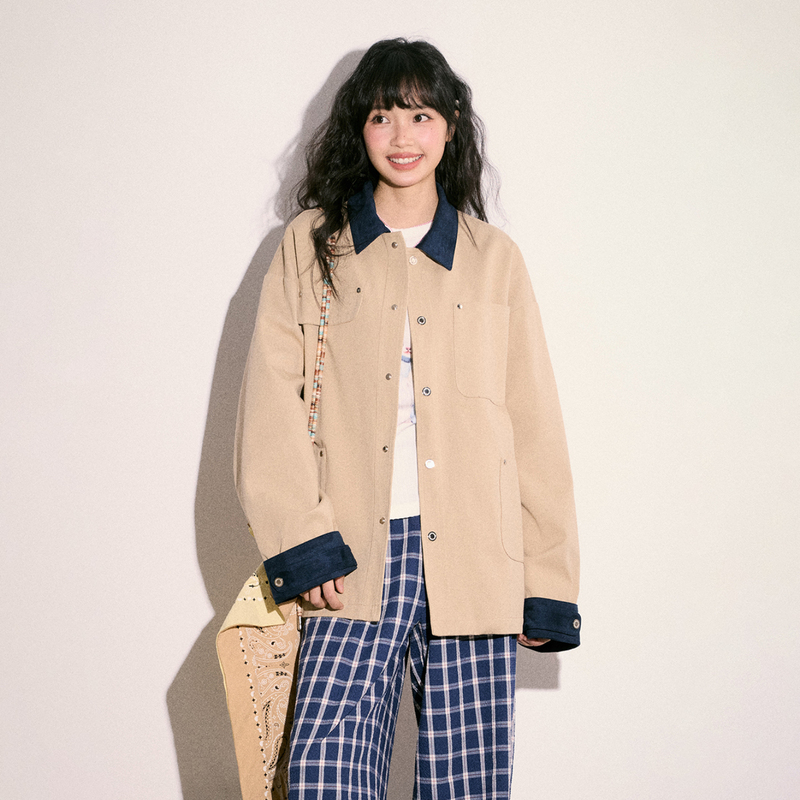 Cream Kitten Mocha Milk Coffee Retro Patchwork Contrasting Color Windbreaker Women's Autum Loose Plaid Jacket