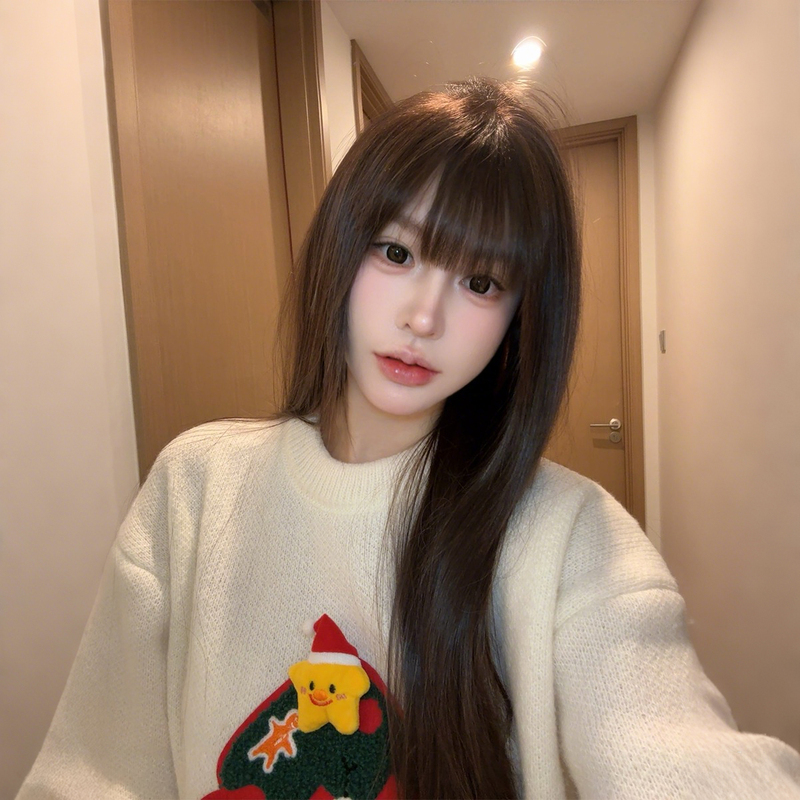 Yuan Ying Wig Full Headpiece for Women, Realistic Human Hair with Bangs, Everyday Style, Long Straight Hair, Natural Black Tea Color