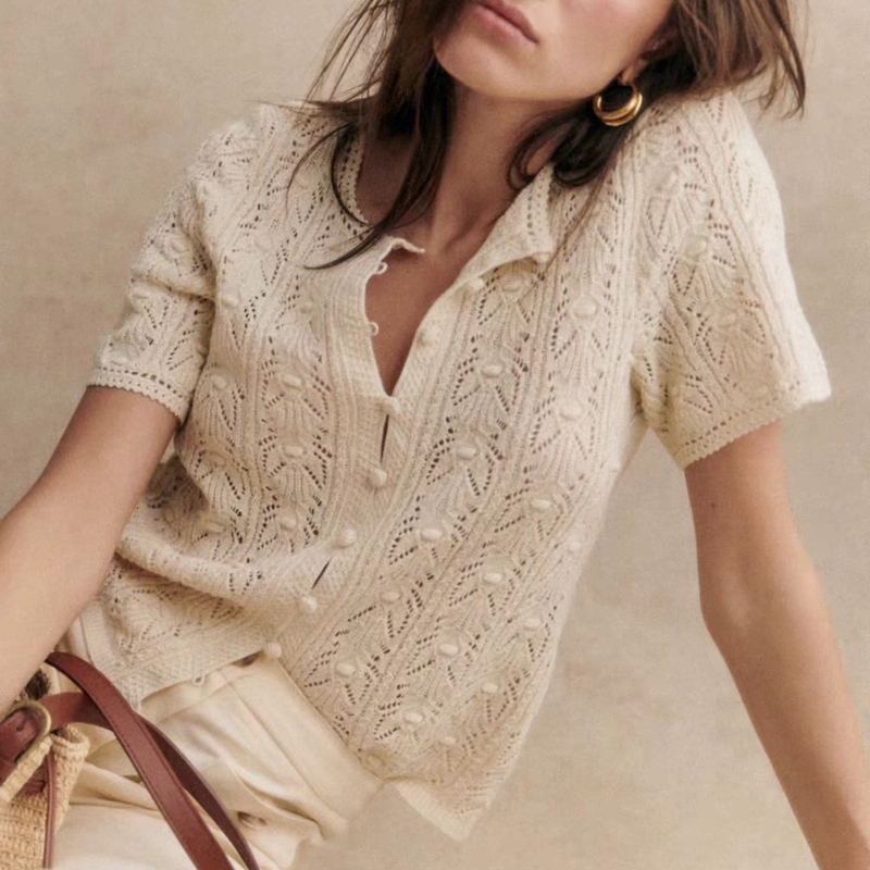 Authentic In-Stock Sezane 26 New Style Hollow-Out Blended Crochet Loose Knit Button Short-Sleeve Top Authentic In-Stock Sezane 26 New Style Hollow-Out Blended Crochet Loose Knit Button Short-Sleeve Top