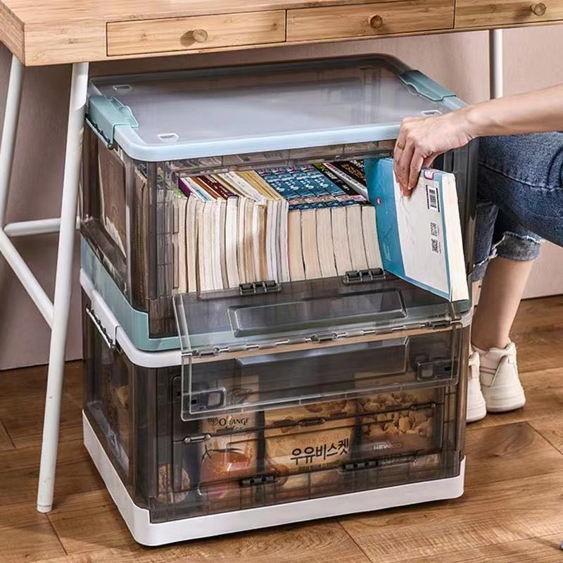 Foldable storage box student loading books finishing book box household plastic transparent storage box can be side-opened and stacked