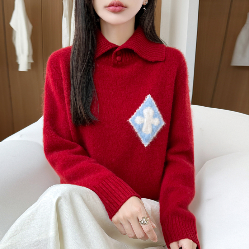High-End Red Collared 100% Pure Wool Sweater for Women, Loose Thickened Pullover Knitwear, Autumn and Winter Base Layer
