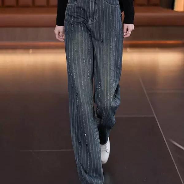 European Style New Light Luxury European and American Style Vertical Stripe Rhinestone High-Waisted Versatile Wide-Leg Niche Design Straight-Leg Jeans