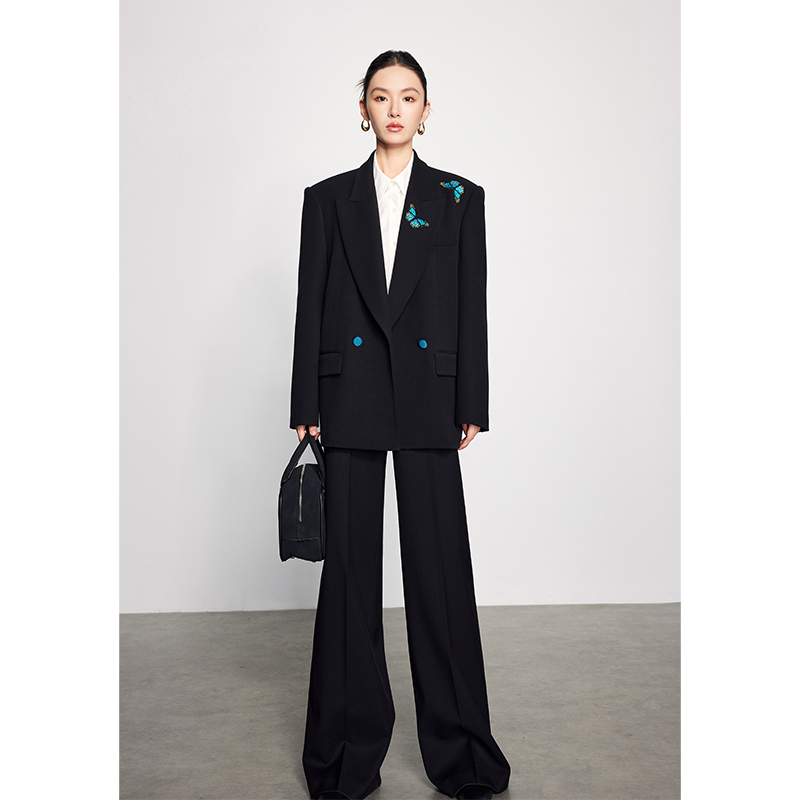 Original Butterfly Embroidery High-End Wide-Cut Black Suit Set for Women, Silhouette-Focused, Unique, Suitable for Important Occasions, Tall Women's Suit Original Butterfly Embroidery High-End Wide-Cut Black Suit Set for Women, Silhouette-Focused, Unique, Suitable for Important Occasions, Tall Women's Suit